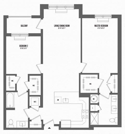Floor plan for 2 beds, 2 baths, 1241 sqft